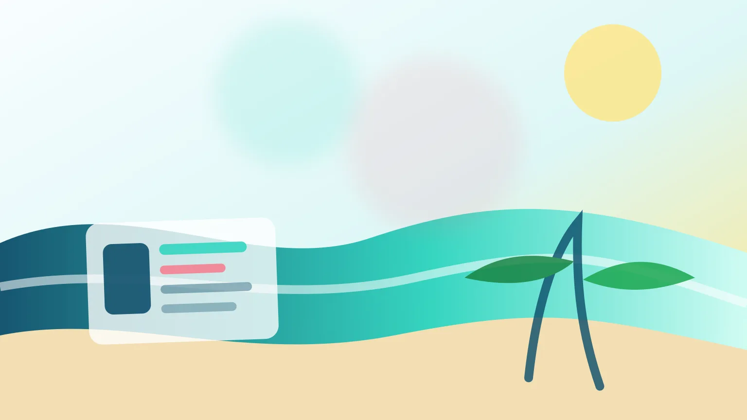 Mala, telemóvel e lista abstrata de viagem numa mesa tropical, sem texto legível.
