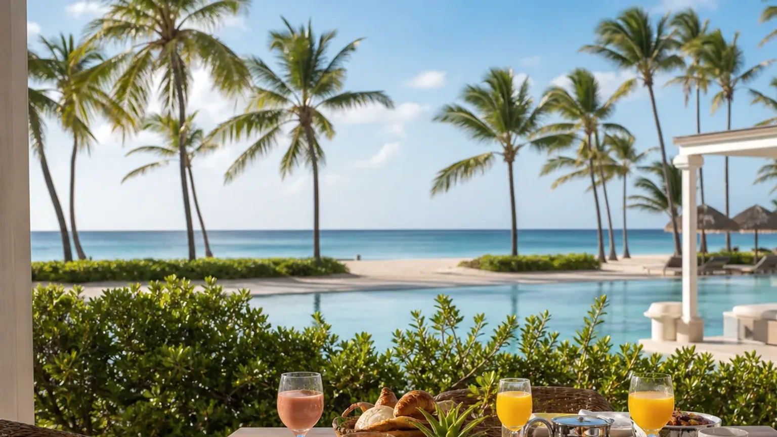 Cena fotográfica de resort all inclusive em Punta Cana com pequeno-almoço, piscina, praia e palmeiras.