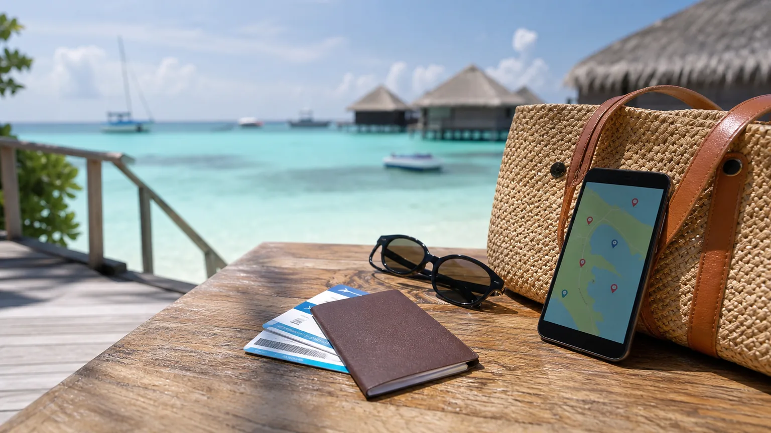 Cena fotográfica realista de conectividade em viagem tropical, com telemóvel, documentos, óculos e mar azul ao fundo.