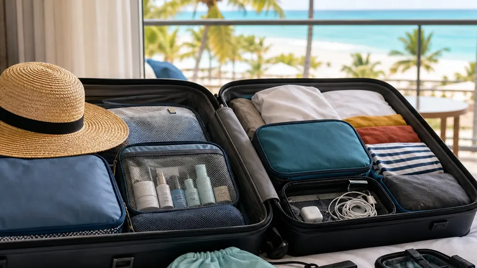 Cena fotográfica de mala e acessórios de viagem úteis para Punta Cana.