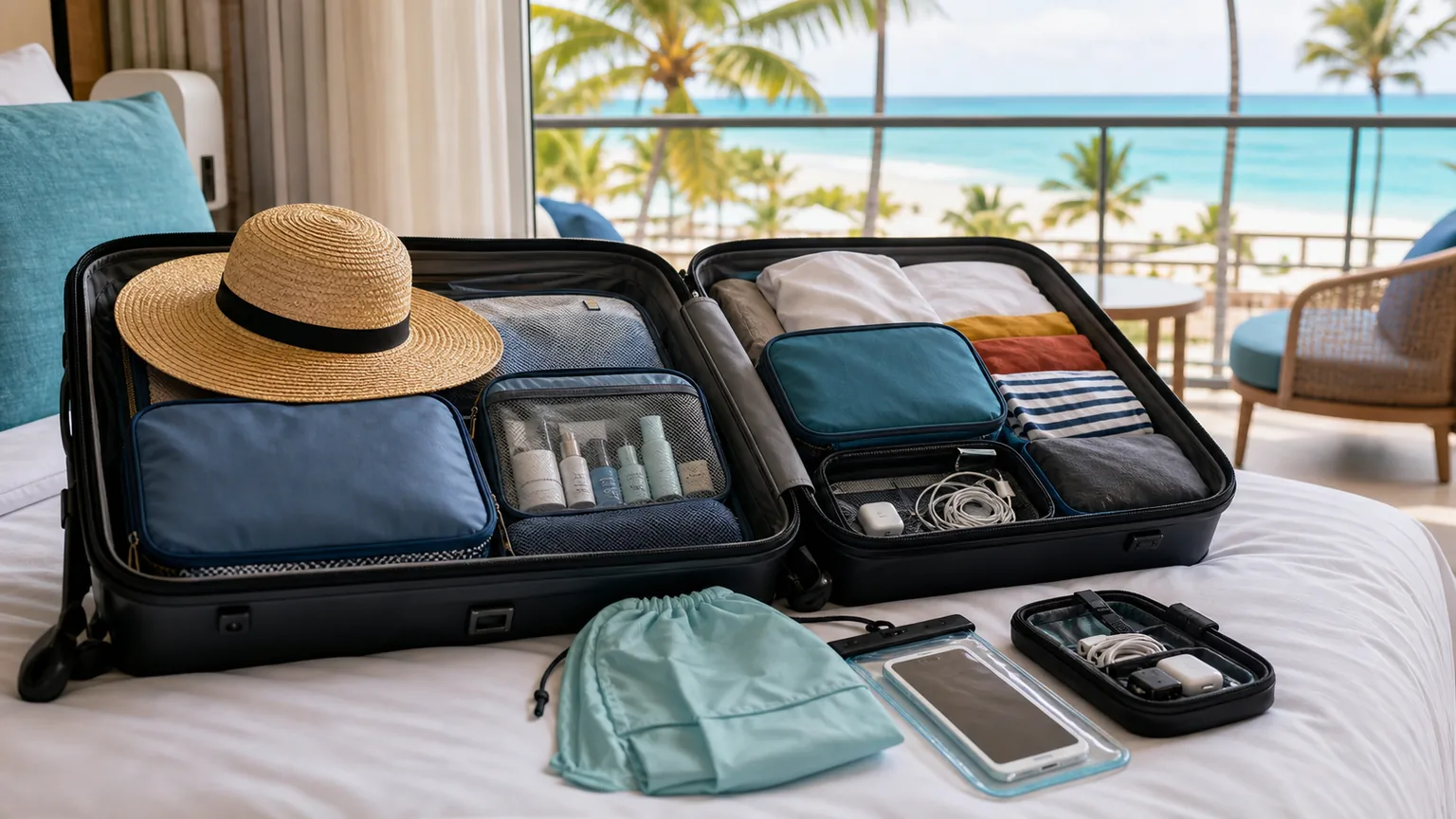 Cena fotográfica realista de mala para Punta Cana, com roupa de praia, organizadores e acessórios de viagem sem marcas.
