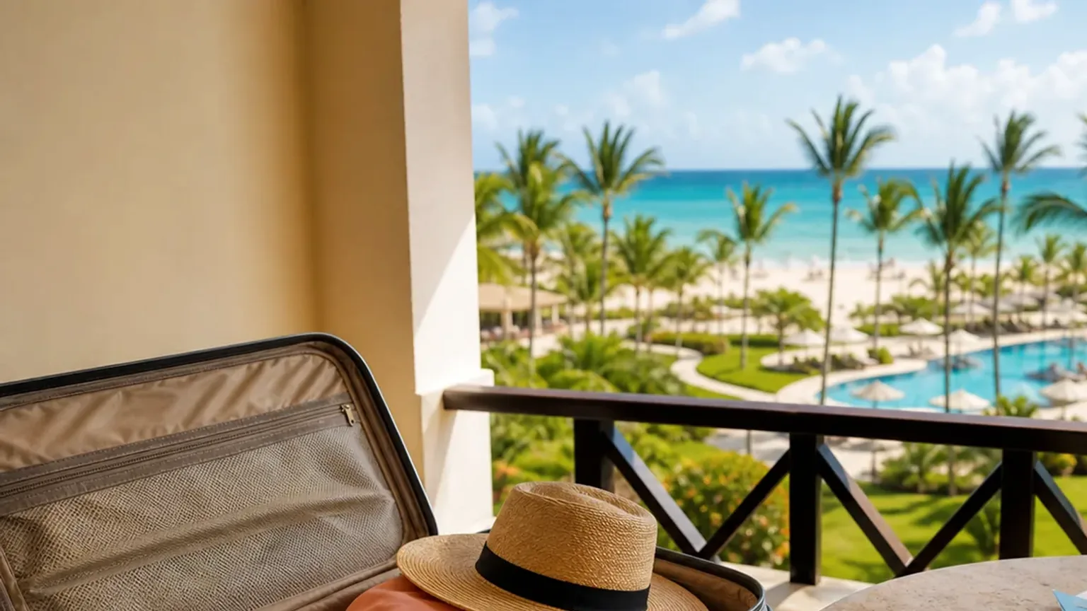 Cena fotográfica de planeamento de pacote para Punta Cana com mala aberta, documentos e resort tropical ao fundo.