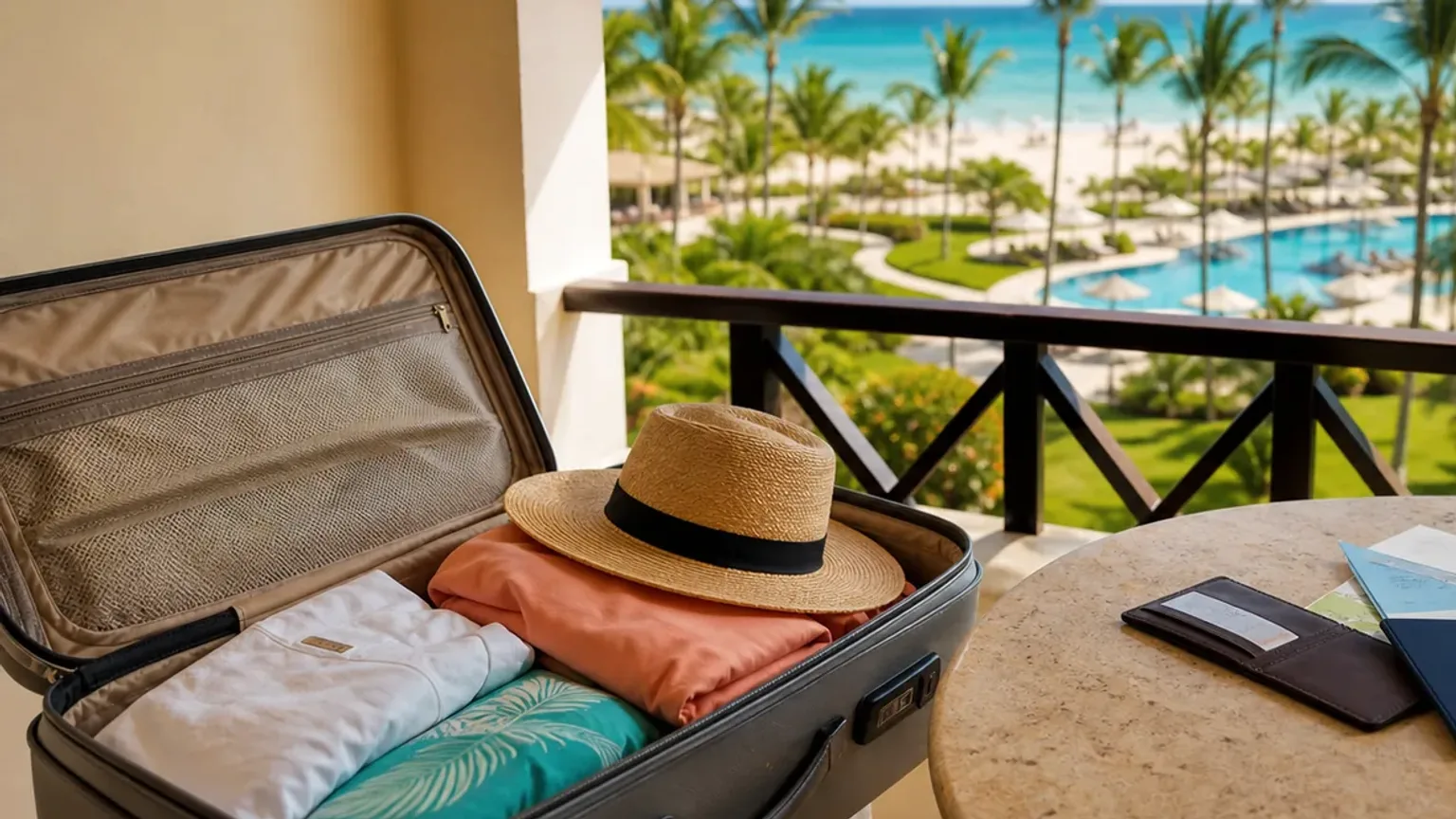 Cena fotográfica de planeamento de reserva para Punta Cana com mala e resort tropical.