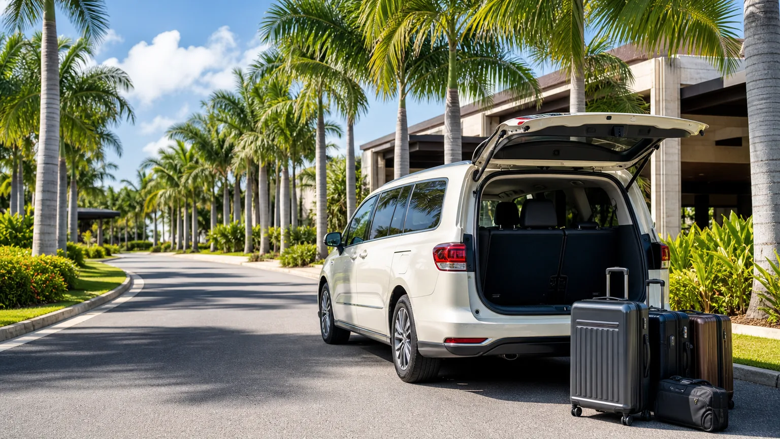 Cena fotográfica realista de transfer em Punta Cana, com carrinha sem marcas, malas e estrada tropical junto a resorts.
