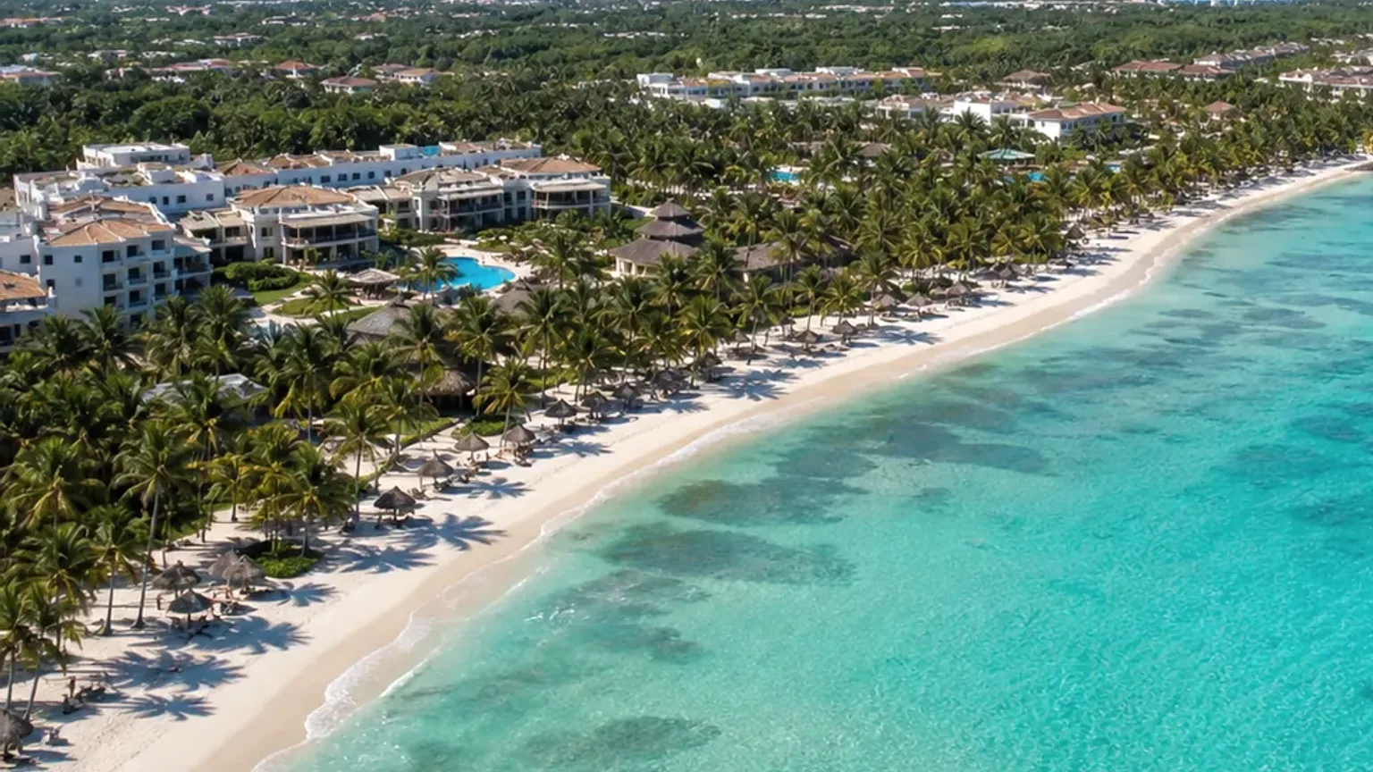Vista fotográfica de villas e zona costeira de resort em Punta Cana.