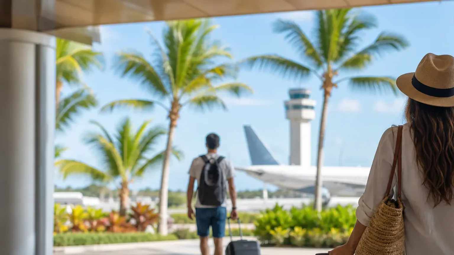 Cena fotográfica de chegada ao aeroporto de Punta Cana com malas, palmeiras e terminal tropical.